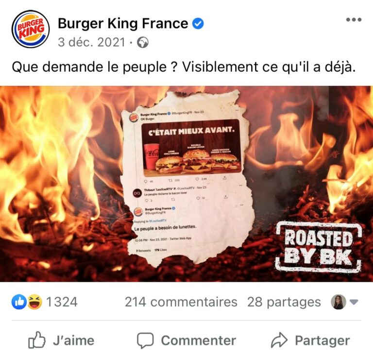 Publication Facebook de Burger King