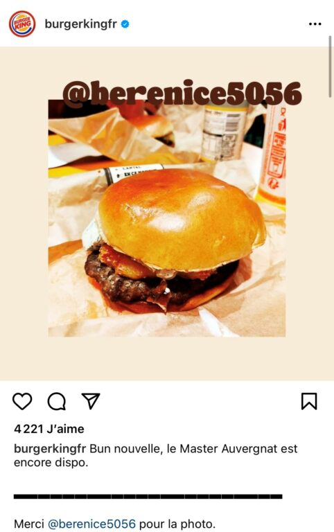 Publication Instagram de Burger King